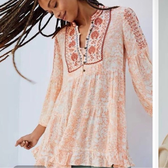 Anthropologie Boho Claudia embroidered babydoll tunic top, Size Medium - Picture 3 of 9